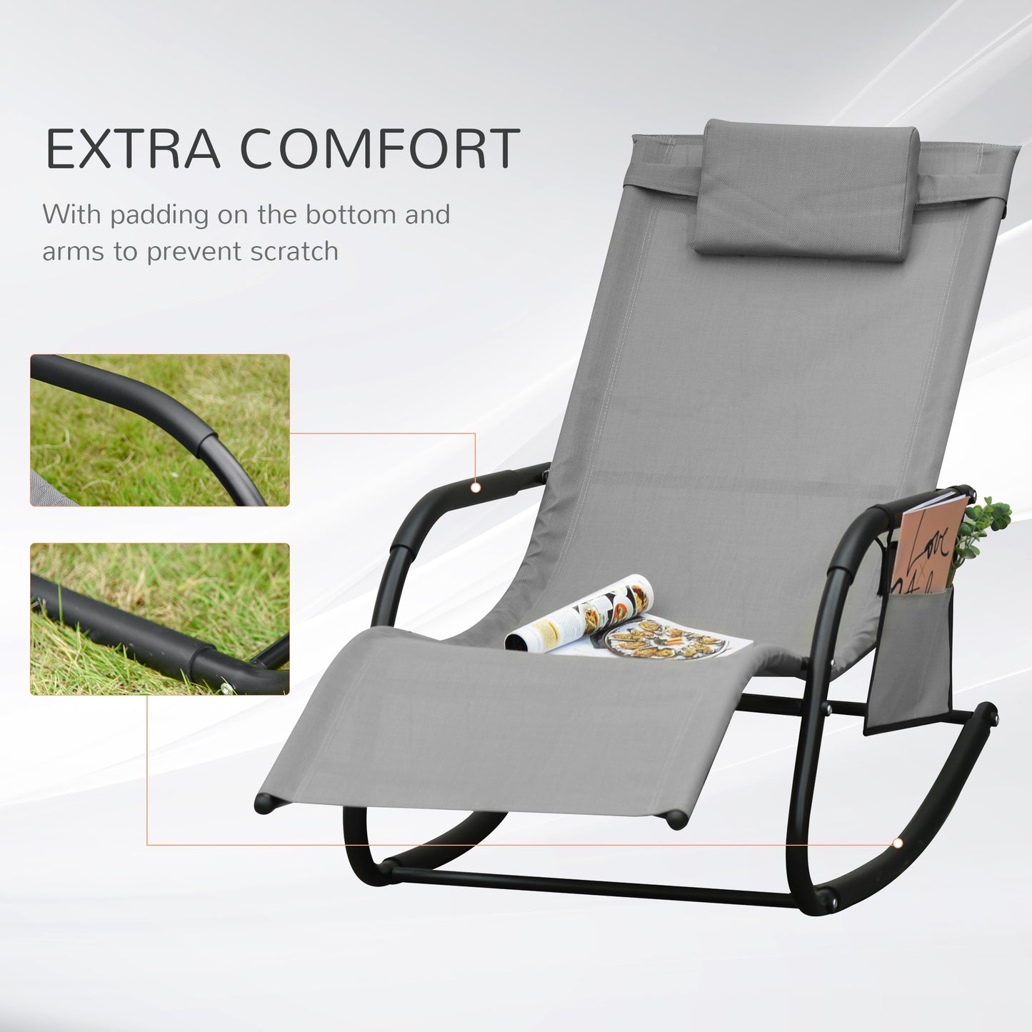 Breathable Mesh Rocking Chair Patio Rocker Lounge for Indoor & Outdoor Recliner Seat w/ Removable Headrest for Garden and Patio Grey