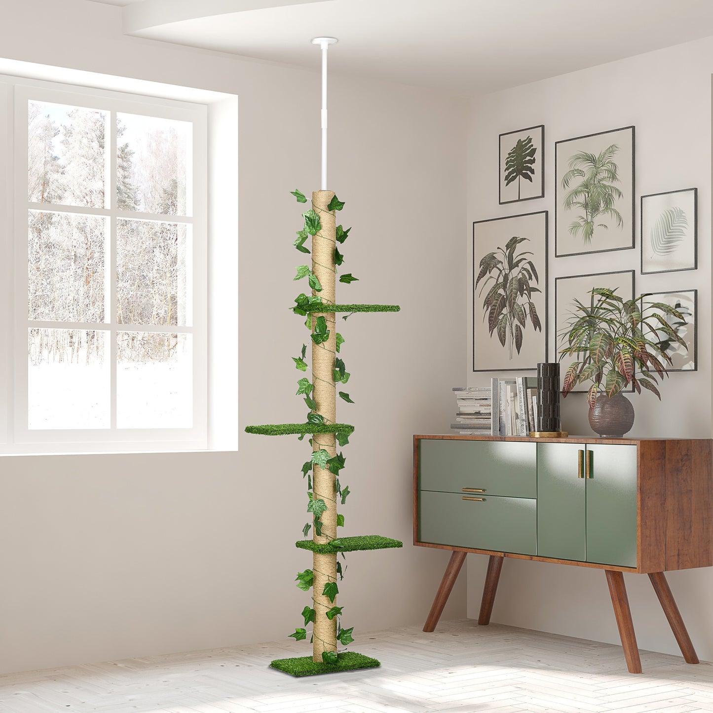 242cm Floor to Ceiling Cat Tree, Height Adjustable Kitten Tower w/ Anti-Slip Kit, Highly Simulated Multi-Layer Activity Centre w/ Perches, Scratching Post - Green