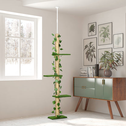 242cm Floor to Ceiling Cat Tree, Height Adjustable Kitten Tower w/ Anti-Slip Kit, Highly Simulated Multi-Layer Activity Centre w/ Perches, Scratching Post - Green