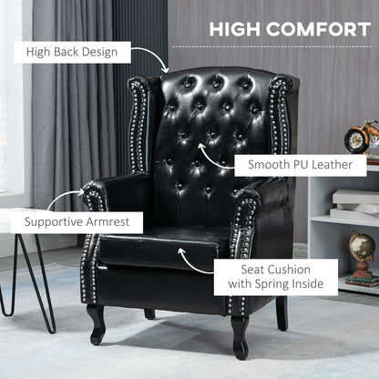Wingback Armchair, Chesterfield-style High Back Fireside Chair, Tufted Upholstered Accent Chair with Nailhead Trim for Living Room, Bedroom, Home Office, Black