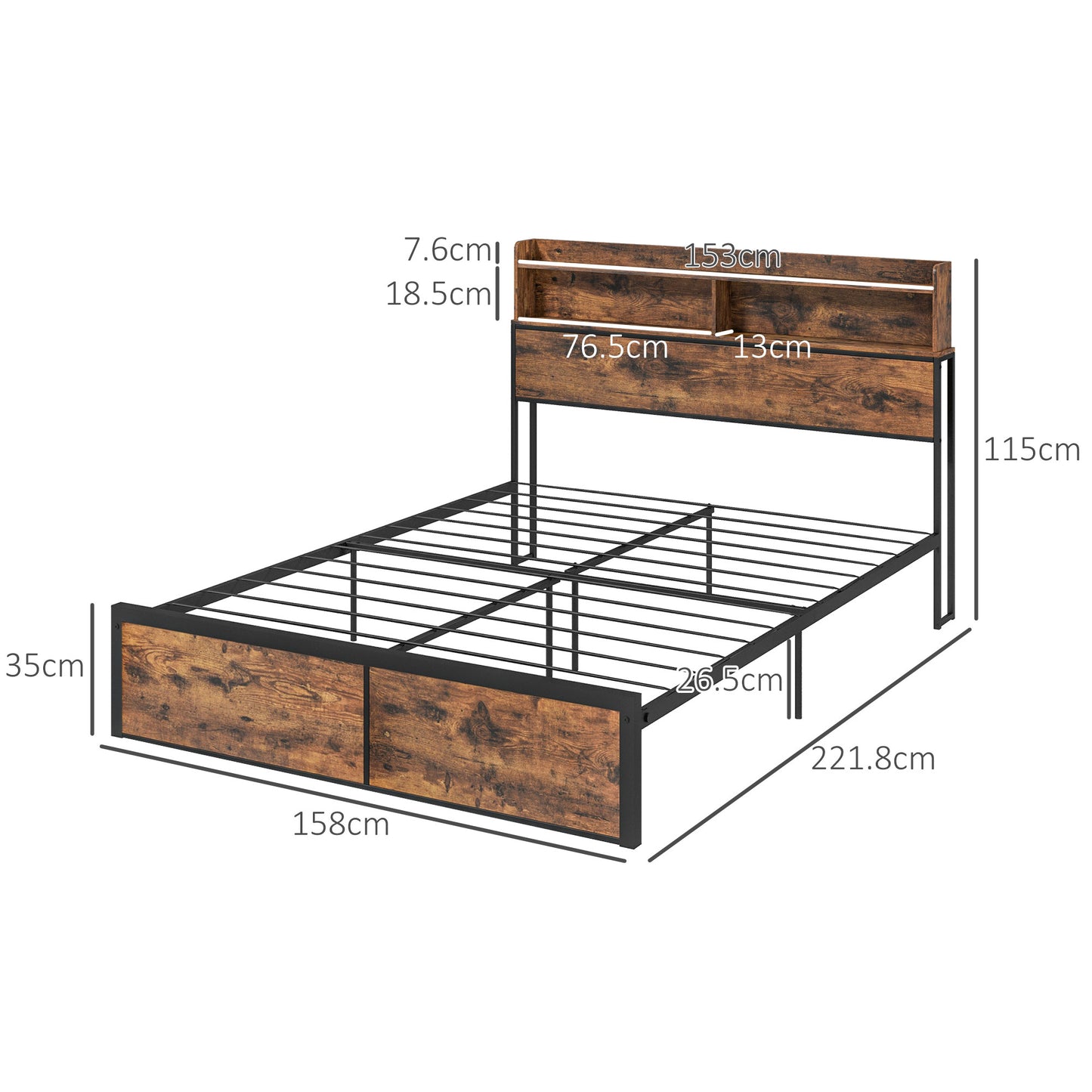 Industrial King Bed Frame, 5.2FT Steel Bed Base with Storage Headboard, Footboard, Rustic Brown