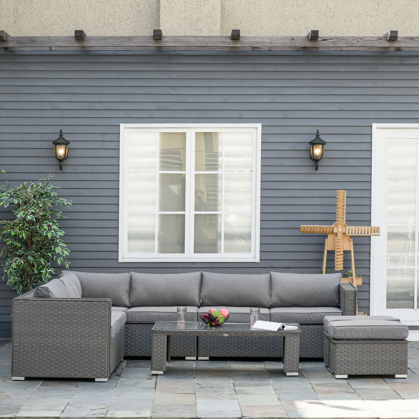 6 Pieces Outdoor PE Rattan Wicker Corner Sofa Set with 10cm Thick Padded Cushions, Aluminium Conservatory Furniture with Glass Top Coffee Table, Footstools, Grey