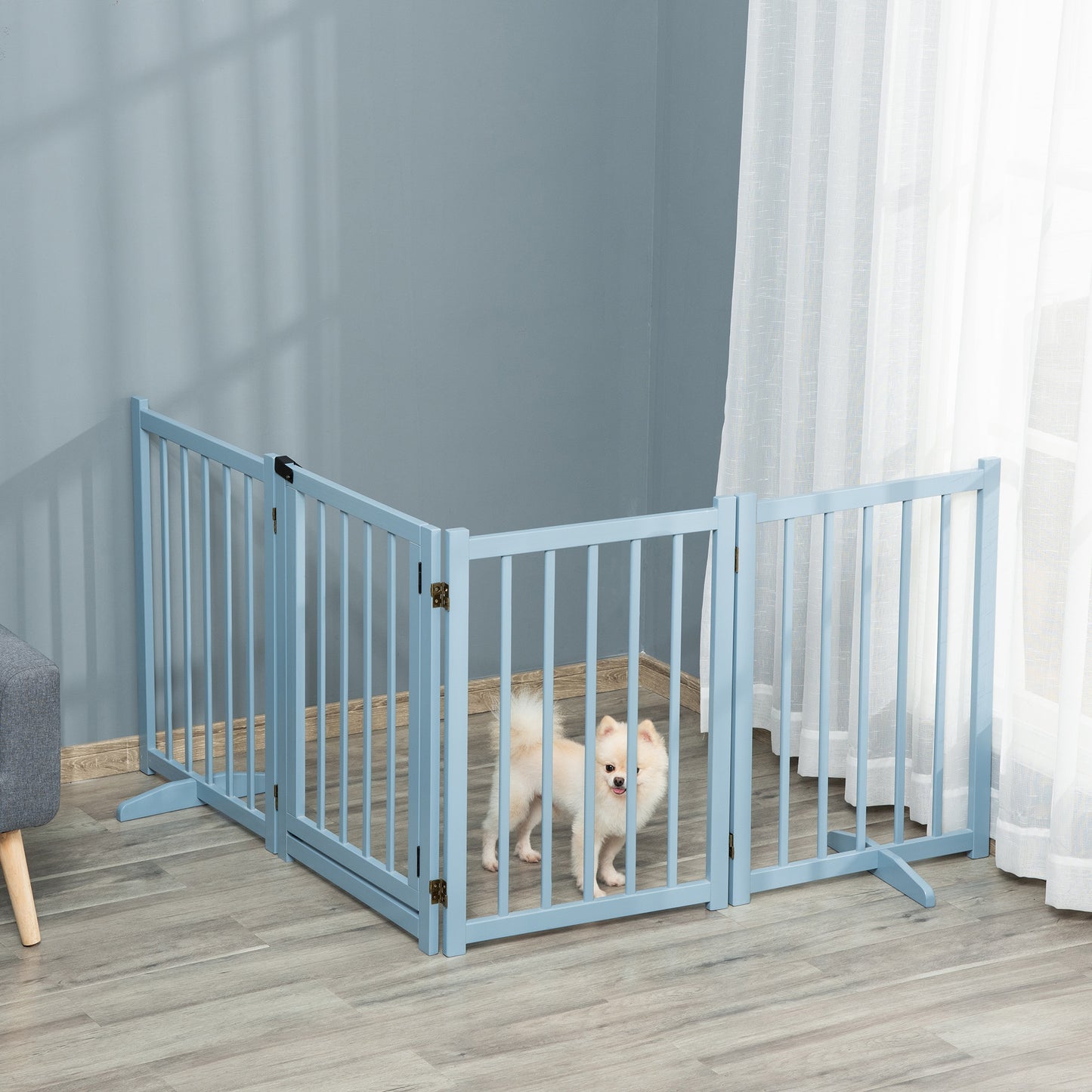 Freestanding Pet Gate for Small and Medium Dogs, Wooden Foldable Dog Safety Barrier with 4 Panels, 2 Support Feet, 80 cm Tall for Doorways, Stairs Blue-grey