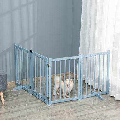 Freestanding Pet Gate for Small and Medium Dogs, Wooden Foldable Dog Safety Barrier with 4 Panels, 2 Support Feet, 80 cm Tall for Doorways, Stairs Blue-grey