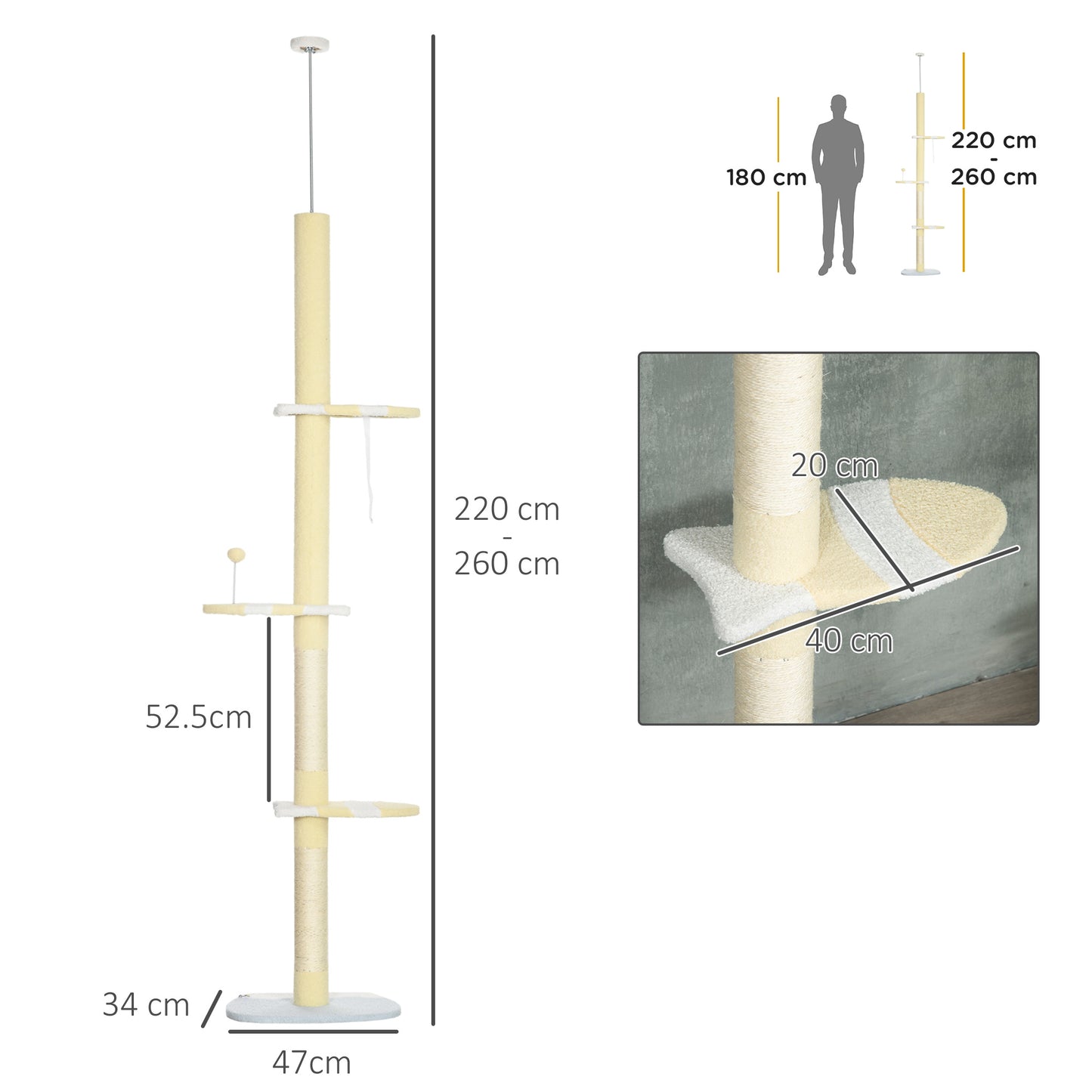 260cm Floor to Ceiling Cat Tree, Height Adjustable Kitten Tower with Anti-slip Kit, Multi-Layer Activity Centre w/ Fish-shaped Perches Scratching Post Ball Toy - Yellow