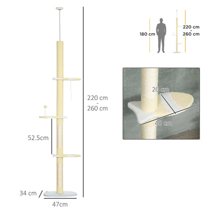 260cm Floor to Ceiling Cat Tree, Height Adjustable Kitten Tower with Anti-slip Kit, Multi-Layer Activity Centre w/ Fish-shaped Perches Scratching Post Ball Toy - Yellow