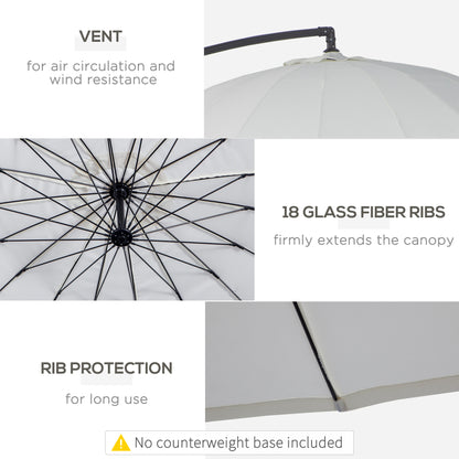 3(m) Cantilever Shanghai Parasol Garden Hanging Banana Sun Umbrella with Crank Handle, 18 Sturdy Ribs and Cross Base, Off-White