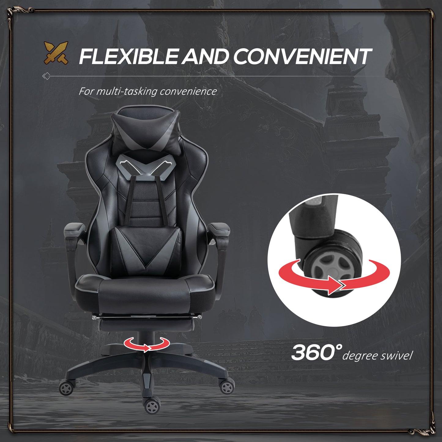 Vinsetto Ergonomic Racing Gaming Chair Office Desk Chair Adjustable Height Recliner with Wheels, Headrest, Lumbar Support, Retractable Footrest Home Office, Grey