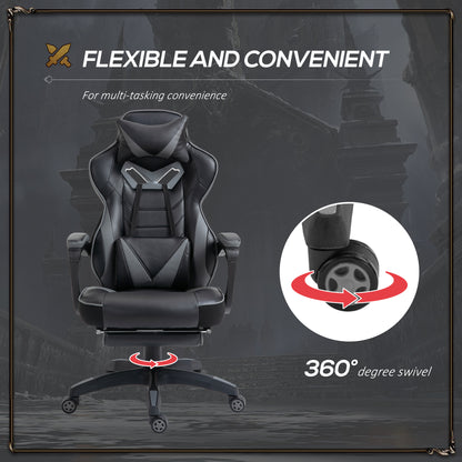 Vinsetto Ergonomic Racing Gaming Chair Office Desk Chair Adjustable Height Recliner with Wheels, Headrest, Lumbar Support, Retractable Footrest Home Office, Grey