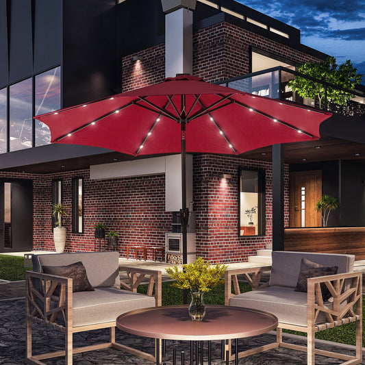 Φ2.7m Garden 24 LED Light Parasol Solar Outdoor Tilt Sun Umbrella Patio Club Party Event Manual Sun Shade w/ Hand Crank and 8 Ribs Red