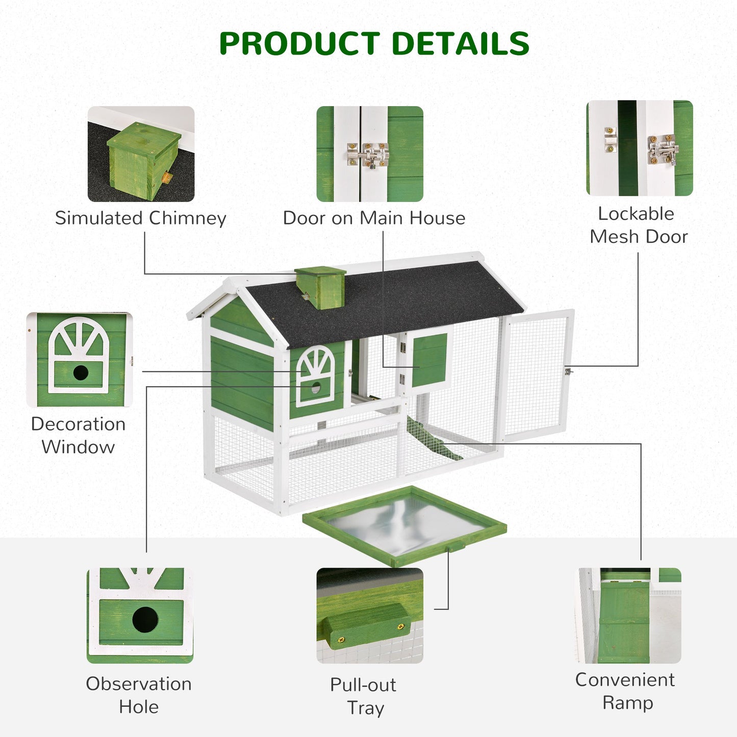 Rabbit Hutch and Run Guinea Pig Hutch Wooden Bunny Cage for Outdoor Indoor with Pull Out Tray Run Asphalt Roof Green 120 x 60 x 79 cm