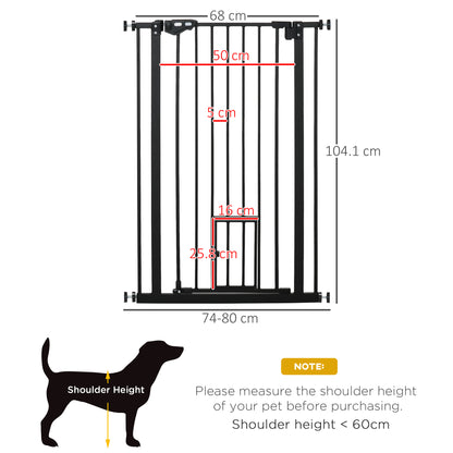 Extra Tall Dog Gate with Cat Flap, Pet Safety Gate for Doorways Stairs with Auto Close Double Locking, 104 cm Tall 74-80 cm Wide, Black