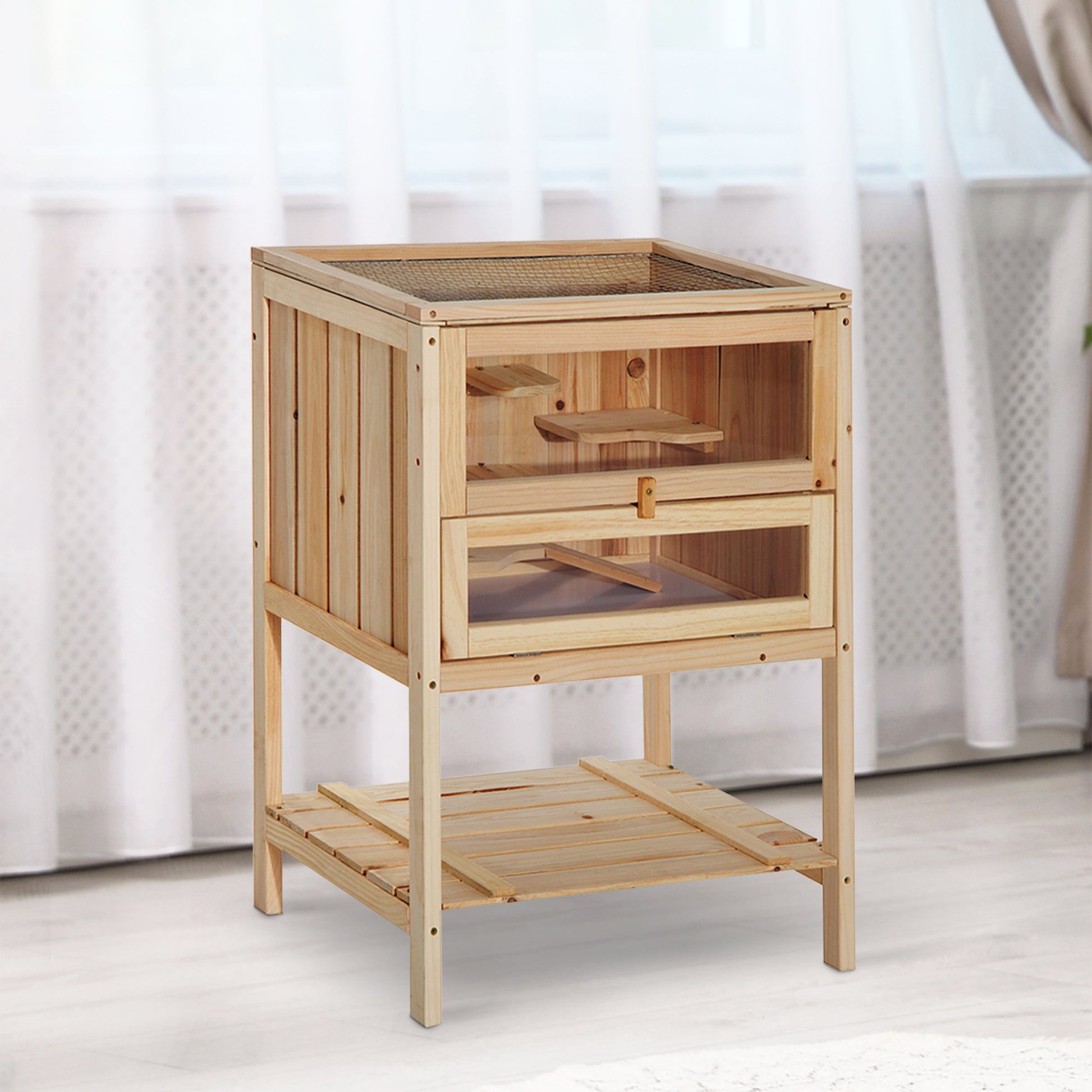 PawHut Wooden Hamster Cage with Storage Shelf, Small Animal Exercise Play House
with Openable Top, for Hamsters, Gerbils and Mice, 60 x 40 x 80 cm - Natural