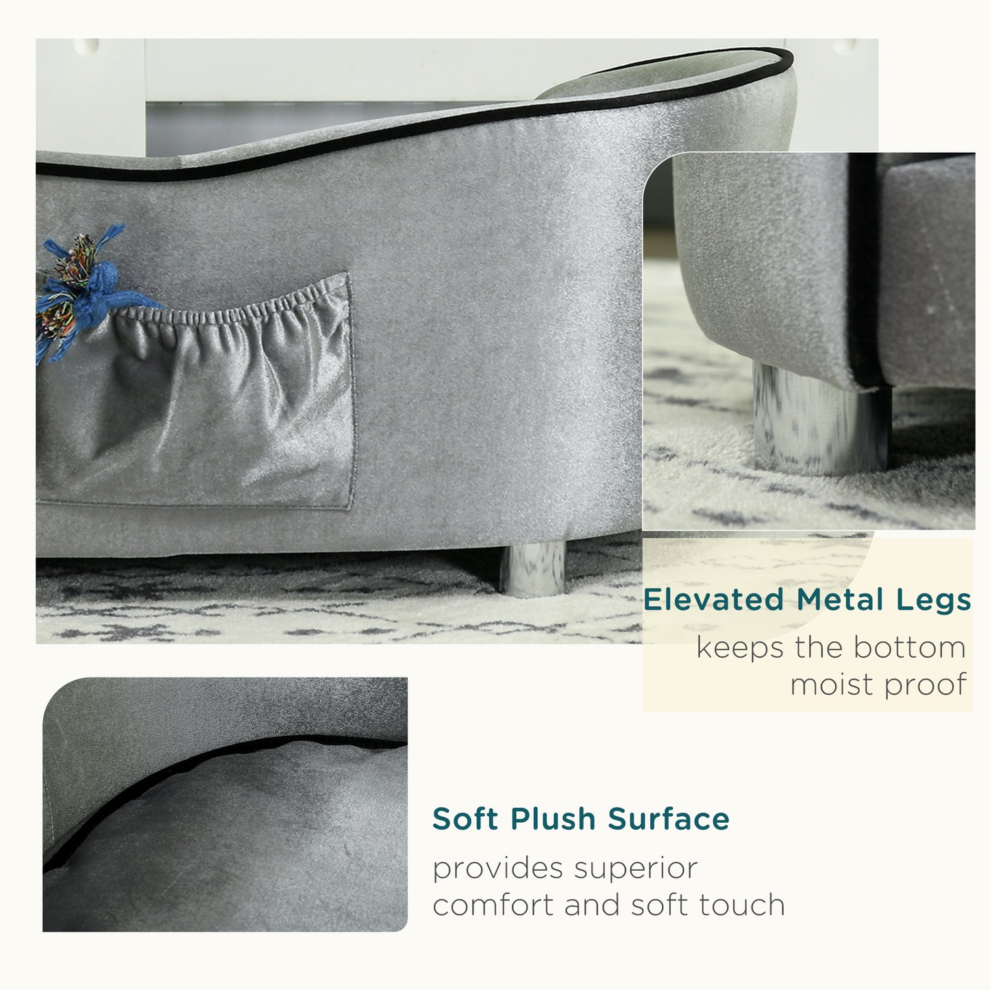 Dog Sofa Bed for Miniature Dogs, Pet Chair Couch Kitten Lounge with Soft Washable Cushion, Thick Sponge, Wooden Frame, Storage Pocket