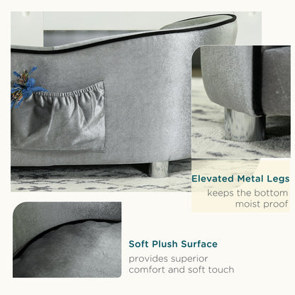 Dog Sofa Bed for Miniature Dogs, Pet Chair Couch Kitten Lounge with Soft Washable Cushion, Thick Sponge, Wooden Frame, Storage Pocket