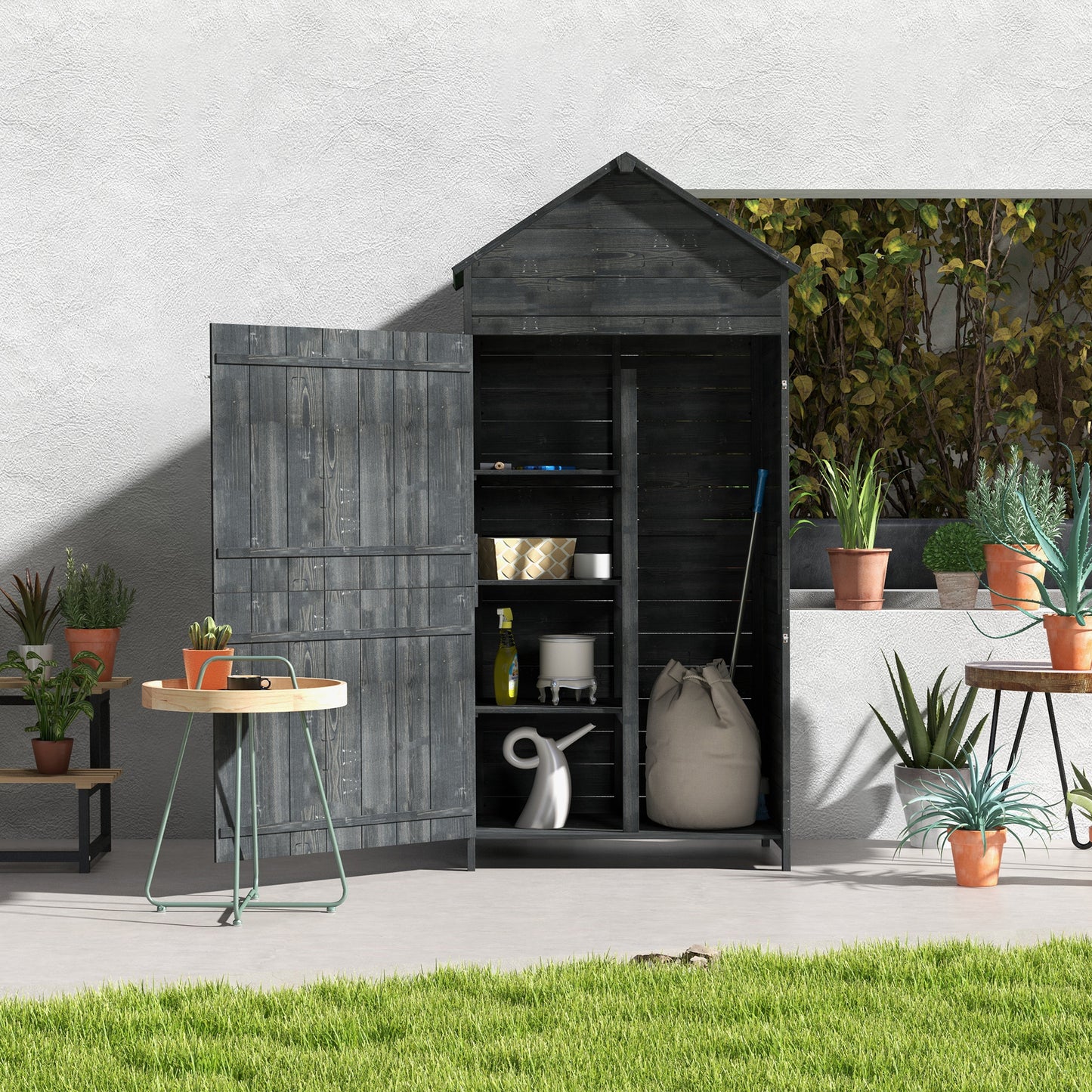 Outsunny 84 x 52cm Garden Shed 4-Tier Wooden Garden Outdoor Shed 3 Shelves Utility Gardener Cabinet Lockable Double Doors Tool Kit Storage - Grey