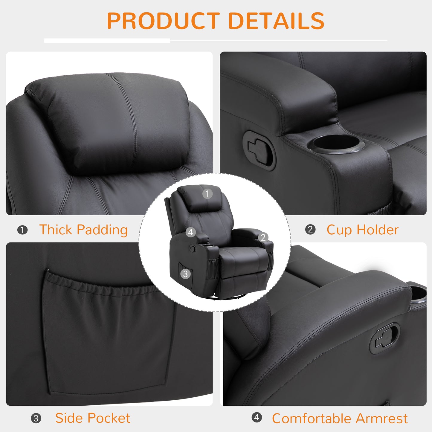 Recliner Armchair Massage Swivel PU Leather Reclining Chairs with Adjustable Leg Rest, Cup Holder, Side Pocket, for Home Living Room, Black