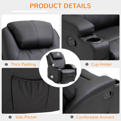 Recliner Armchair Massage Swivel PU Leather Reclining Chairs with Adjustable Leg Rest, Cup Holder, Side Pocket, for Home Living Room, Black