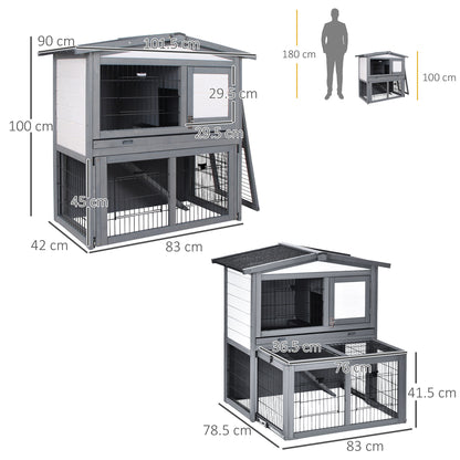 2 Tier Wooden Rabbit Hutch Guinea Pig Hutch Small Animal Cage Slide Out Tray Ramp Outdoor Run Openable Roof Grey 101.5 x 90 x 100 cm