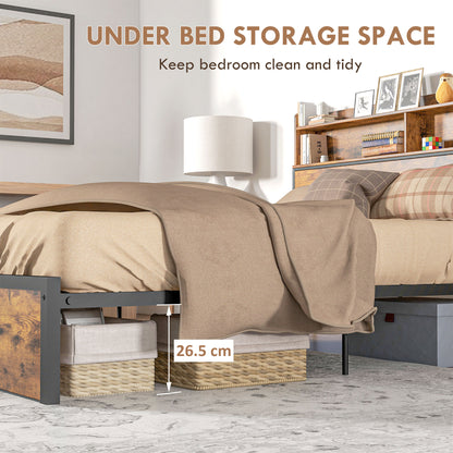 Industrial King Bed Frame, 5.2FT Steel Bed Base with Storage Headboard, Footboard, Rustic Brown