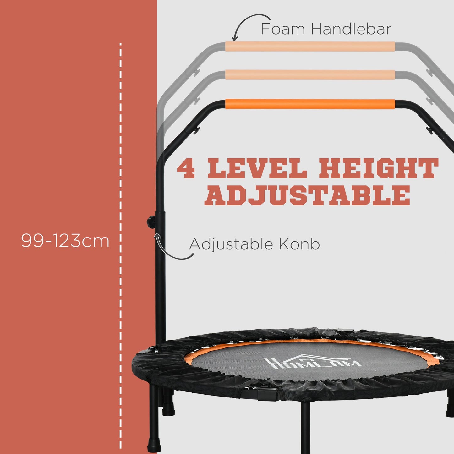 HOMCOM 40" Foldable Mini Trampoline Fitness Trampoline Rebounder for Adults w/ Adjustable Foam Handle, for Indoors, Outdoors, Cardio Training