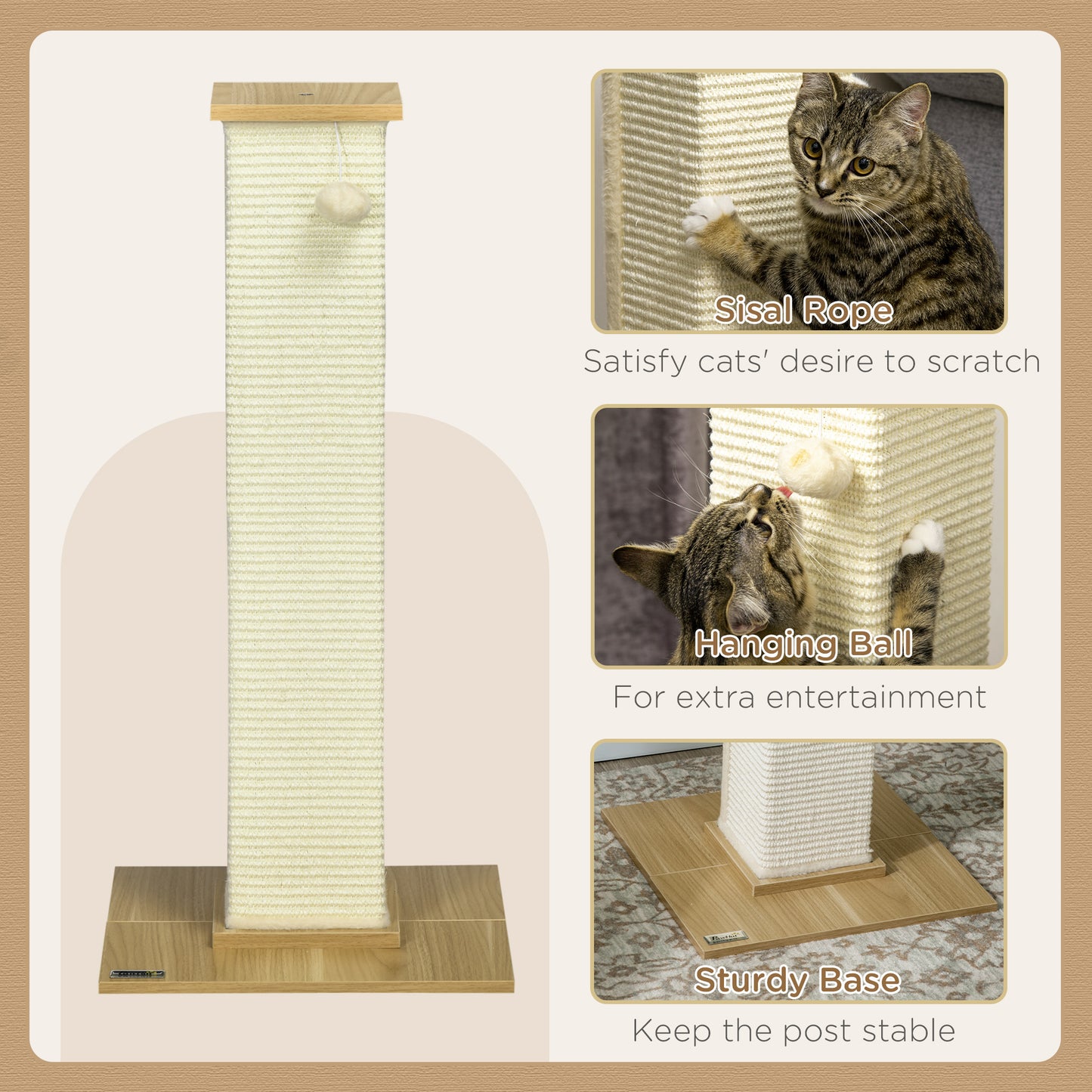 80cm Indoor Cat Scratching Post with Hanging Ball Toy, Particle Board Base, Natural Sisal Rope, Cat Furniture - White