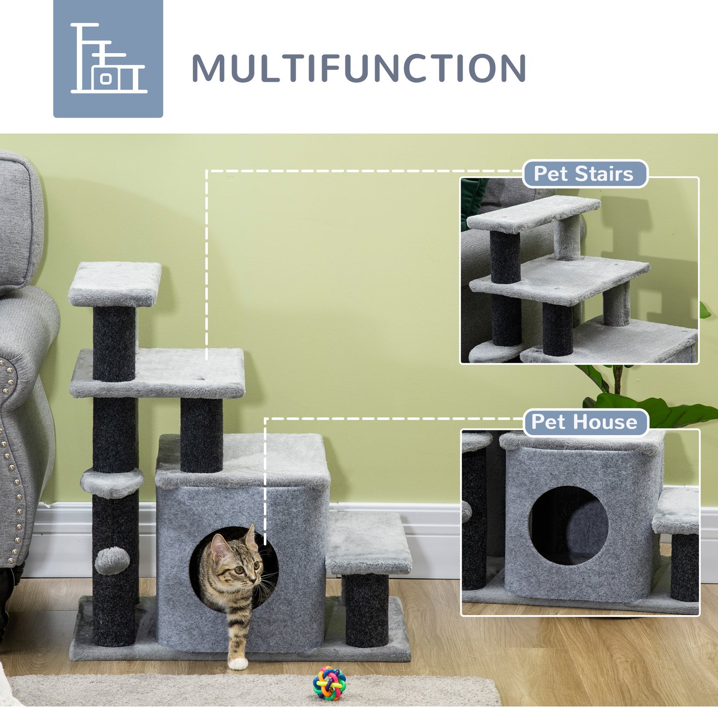 Dog Steps for Bed 4 Step Pet Stairs Cat House with Detachable Cover, Cat ladder for Sofa w/ Hanging Balls - Grey