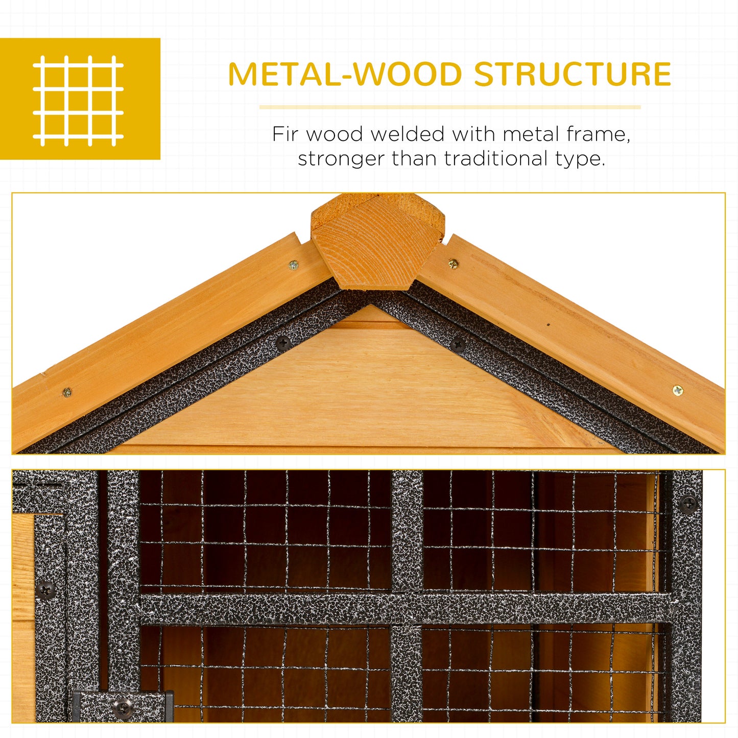 Wood-metal Rabbit Hutch Elevated Guinea Pig House Pet Bunny Cage with Slide-Out Tray Lockable Door Outdoor 122 x 63 x 92cm Light Yellow