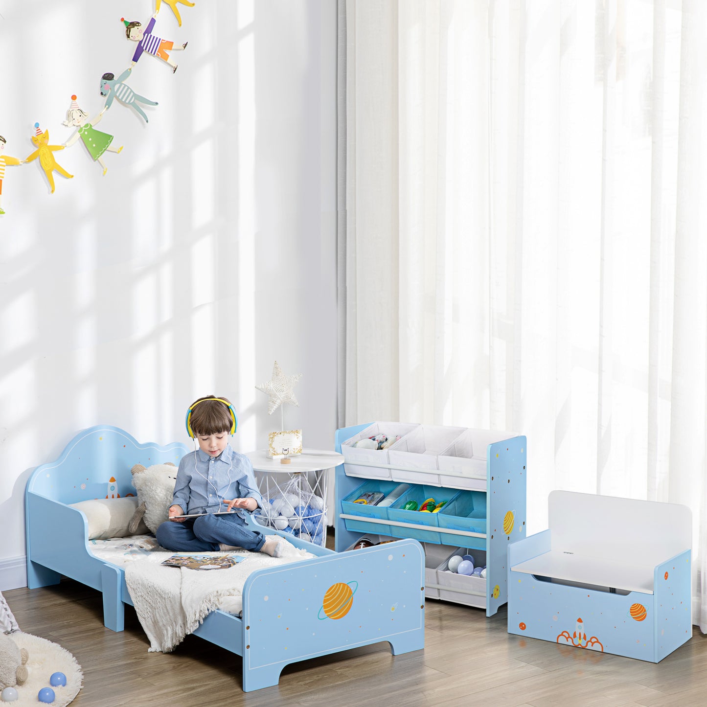 ZONEKIZ Toddler Bed Kids Bedroom Furniture with Rocket & Plants Patterns Safety Side Rails Slats, Blue