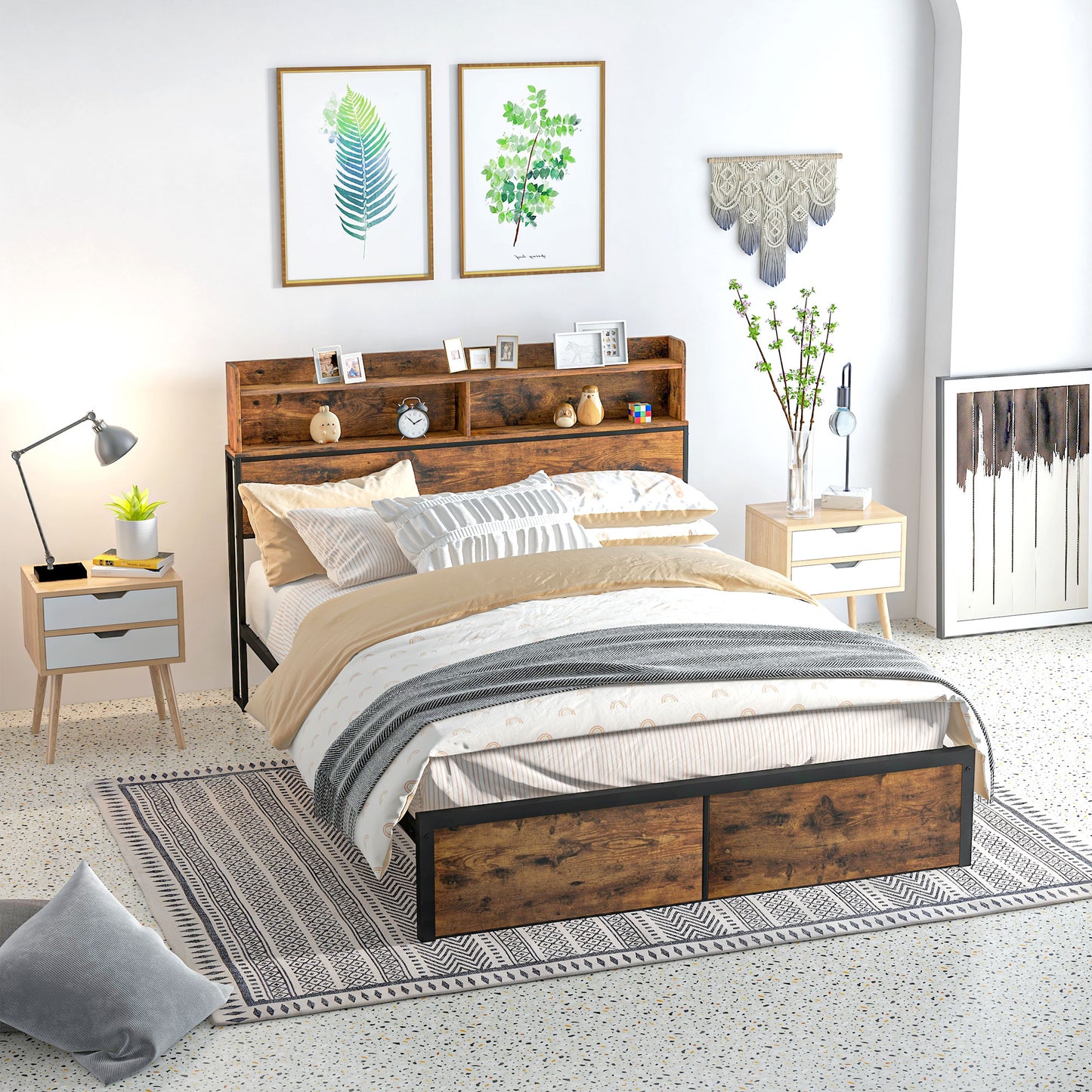 Industrial King Bed Frame, 5.2FT Steel Bed Base with Storage Headboard, Footboard, Rustic Brown