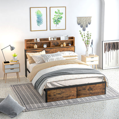 Industrial King Bed Frame, 5.2FT Steel Bed Base with Storage Headboard, Footboard, Rustic Brown