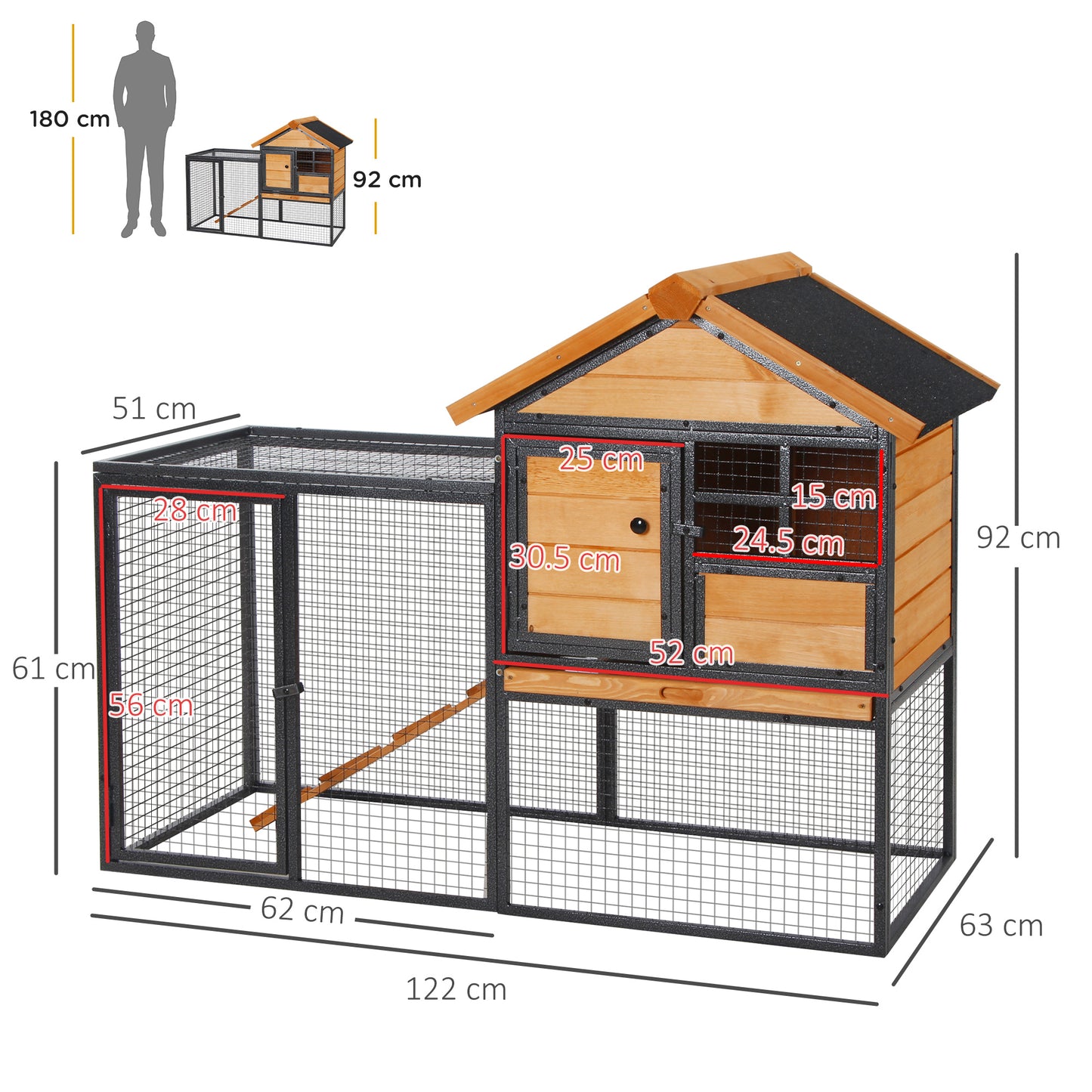 Wood-metal Rabbit Hutch Elevated Guinea Pig House Pet Bunny Cage with Slide-Out Tray Lockable Door Outdoor 122 x 63 x 92cm Light Yellow