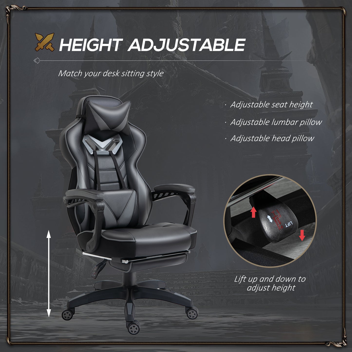 Vinsetto Ergonomic Racing Gaming Chair Office Desk Chair Adjustable Height Recliner with Wheels, Headrest, Lumbar Support, Retractable Footrest Home Office, Grey