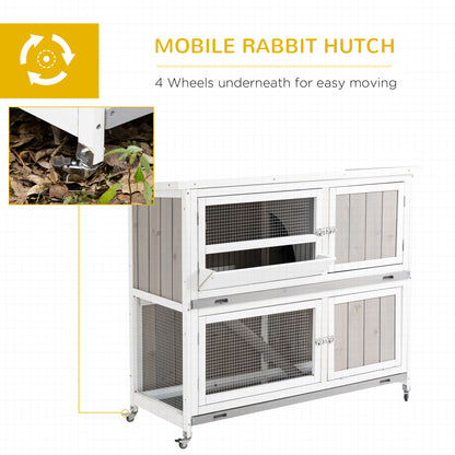 4 FT Rabbit Hutch Two Tier Wooden Guinea Pig Cage Bunny House w/ Rain Cover, Wheels - Grey