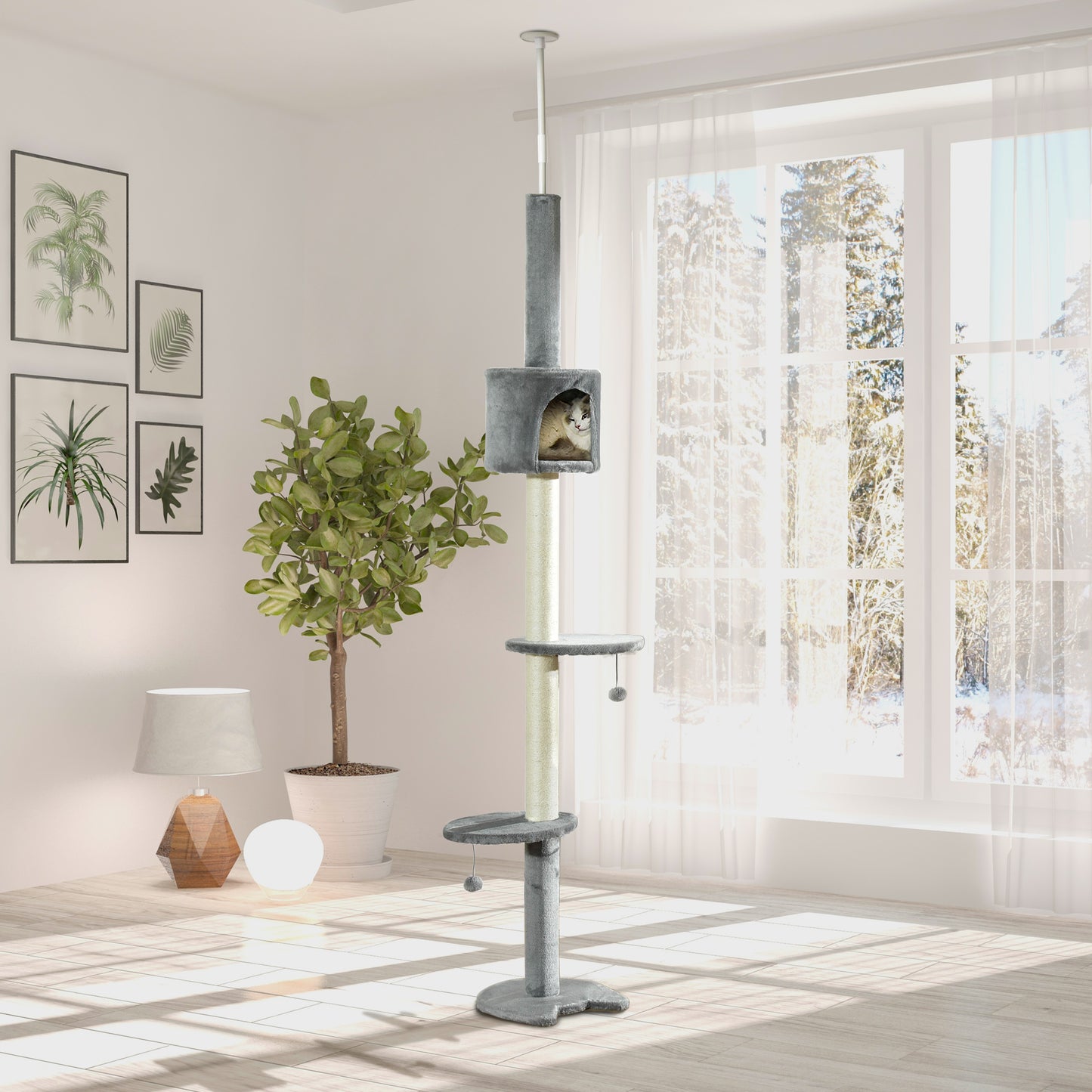 Floor to Ceiling Cat Tree for Indoor Cats, Kitten Tower, Condo, Multi-Layer Activity Center, Indoor Pet Play House with Solid Scratching Post Hanging Balls, Light Grey