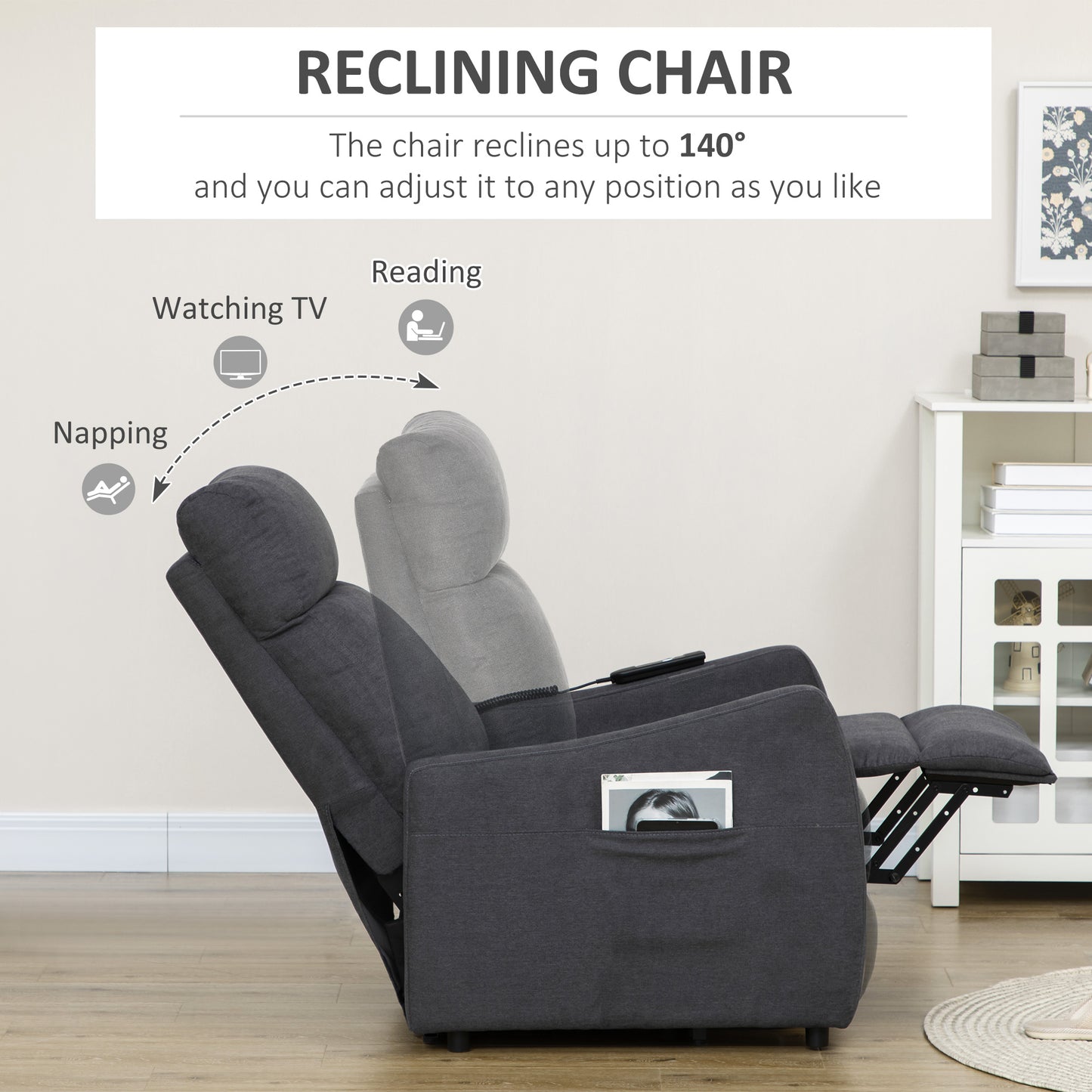 Power Lift Chair, Fabric Electric Recliner Sofa Chair for Elderly with Heavy Duty Motor, Remote Control, Side Pocket, Grey