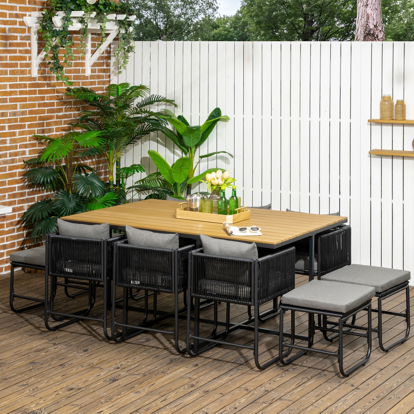 Outsunny Patio 11 PCs PE Rattan Dining Set, Garden Round Wicker 10-seater Table & Chair Sets, with Wood Grain Plastic Top, Space-saving Design, for Indoor & Outdoor, Black