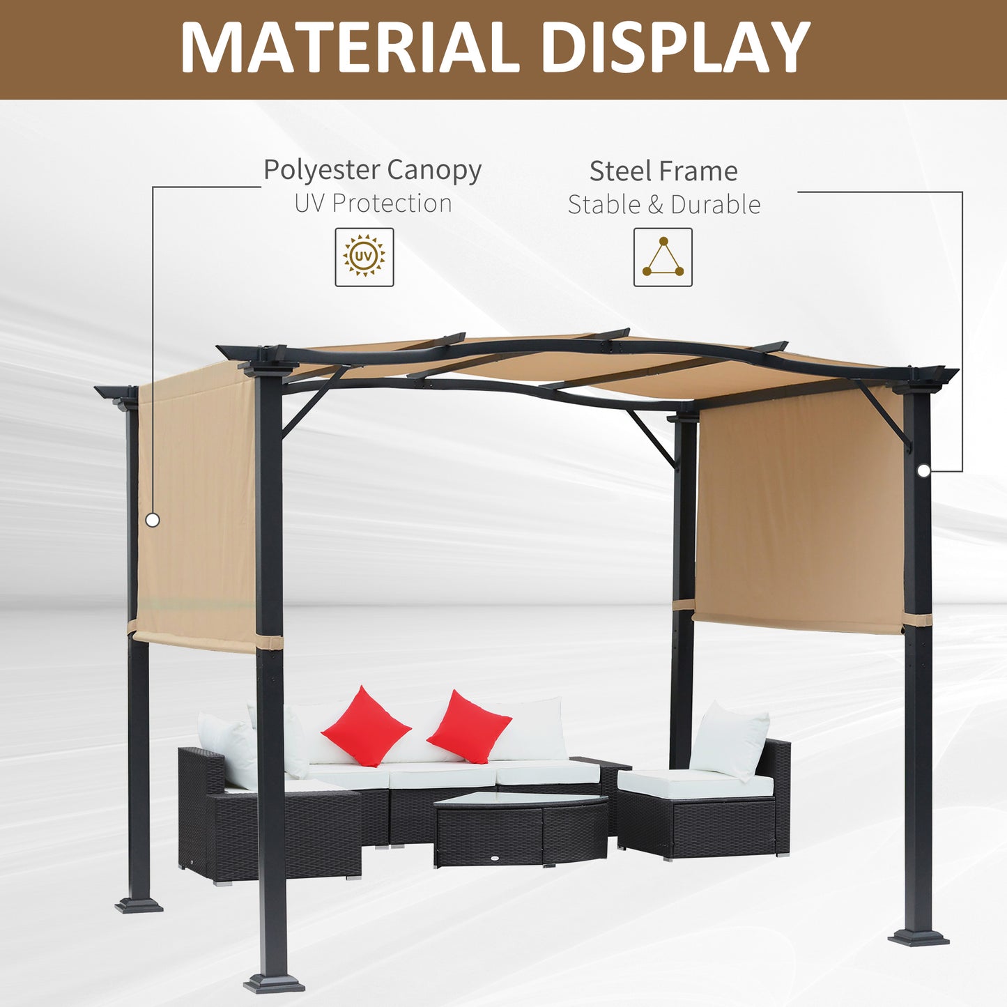 Outdoor Retractable Pergola Garden Gazebo with Two Adjustable Side Canopy Overhead Sun Shade Backyard Canopy Cover, Steel Khaki 3x2.45x2.3m