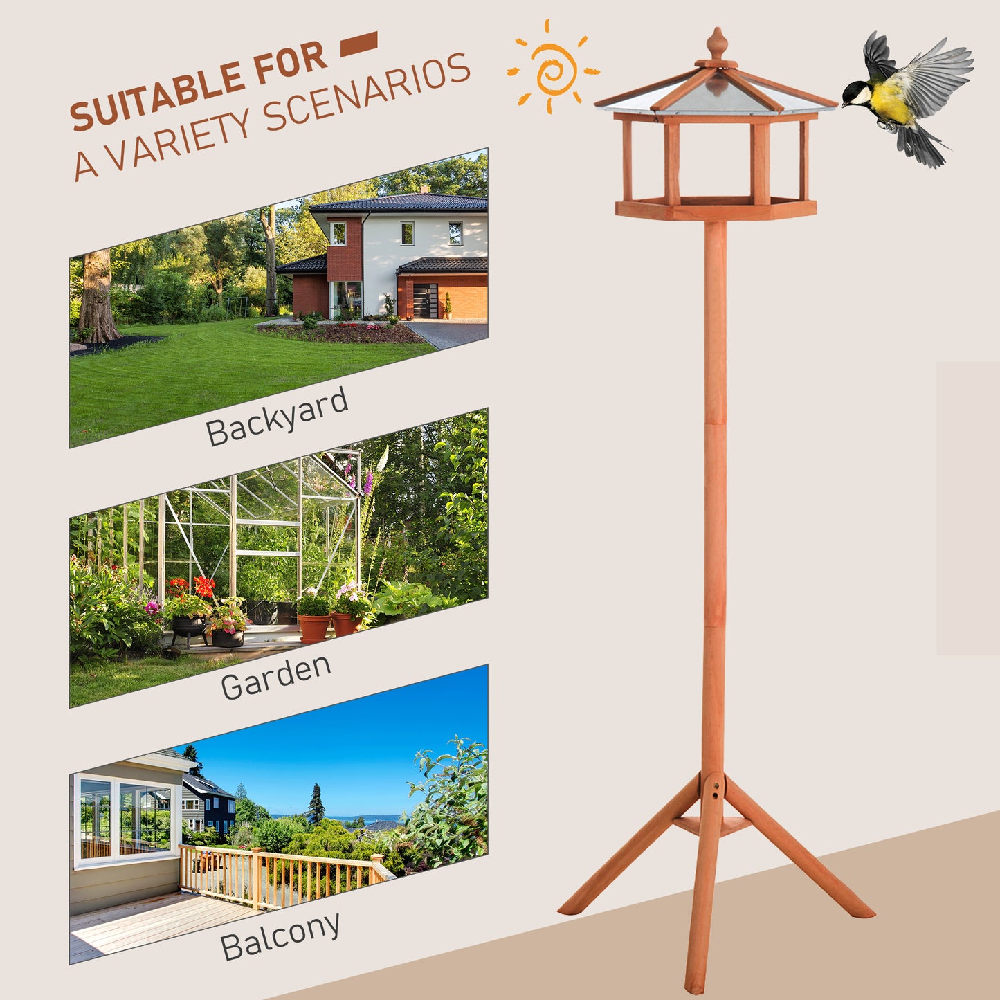Wooden Bird Table Free Standing Bird Feeder Parrot Stand for Garden Patio or Balcony 153cm High