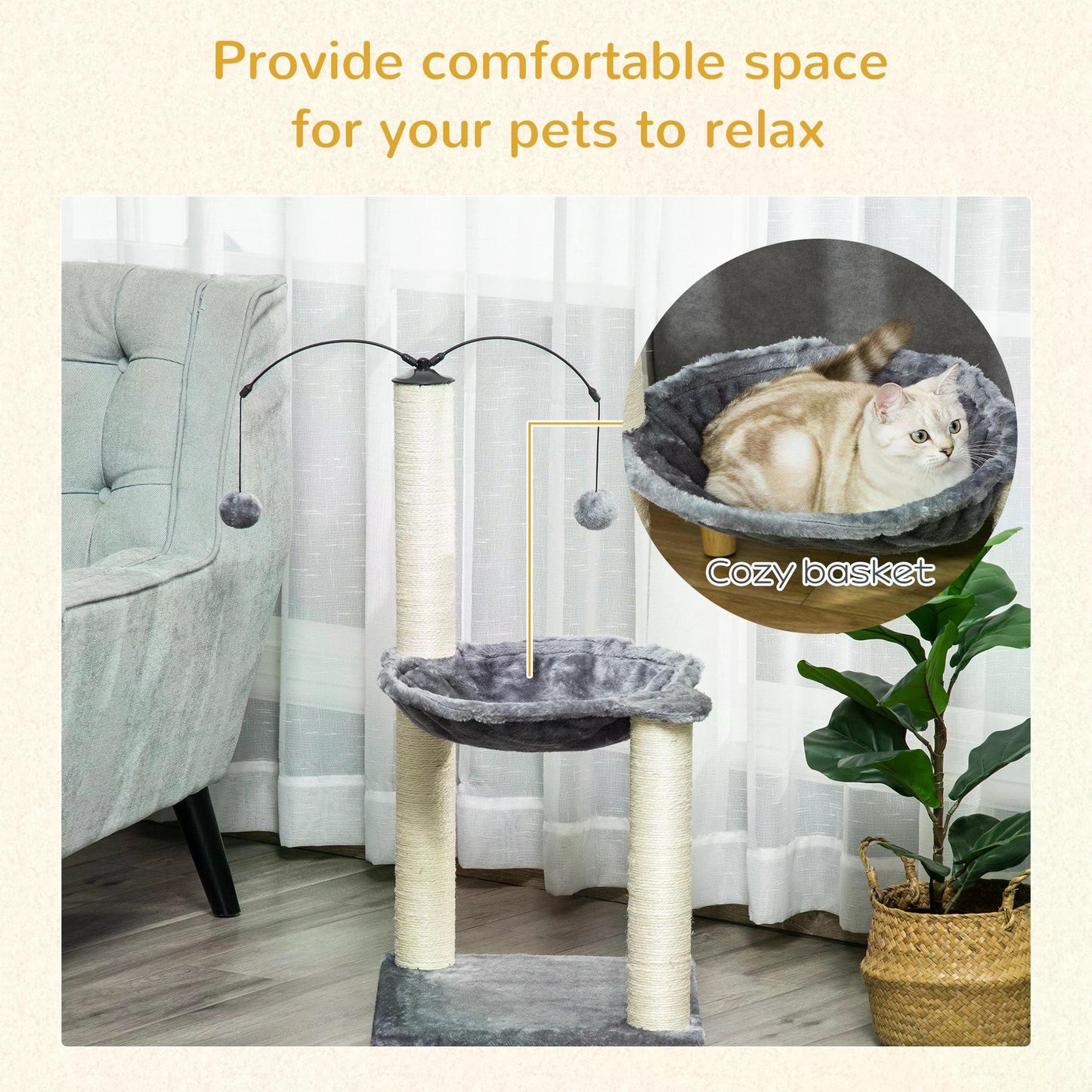 83cm Cat Tree Tower for Indoor Cats w/ Sisal Scratching Post Hammock Hanging Toy Activity Centre - Grey