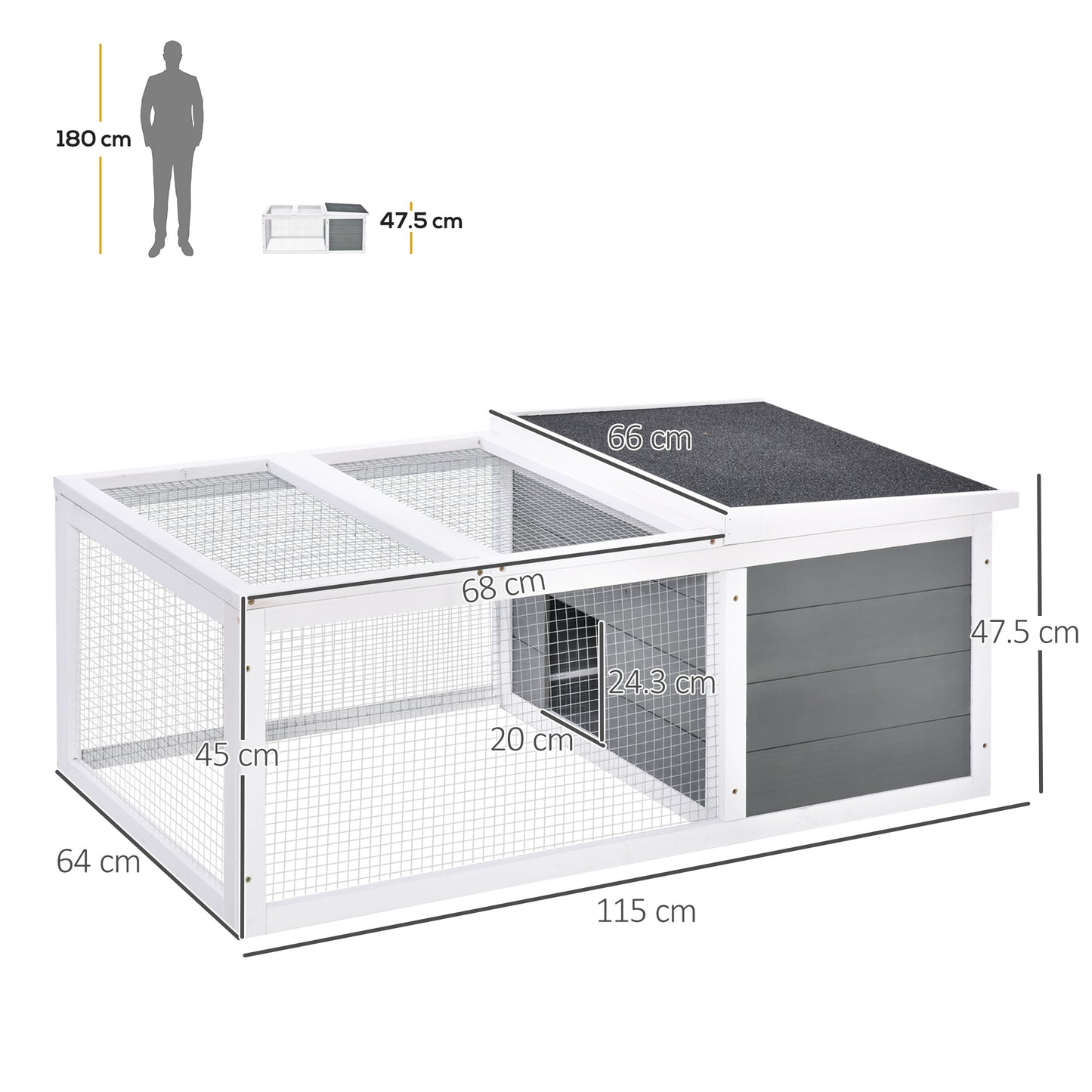 Wooden Rabbit Hutch Guinea Pig Small Animal Cage Rabbit Run Duck House Asphalt roof Indoor Outdoor 115 x 66 x 47.5 cm