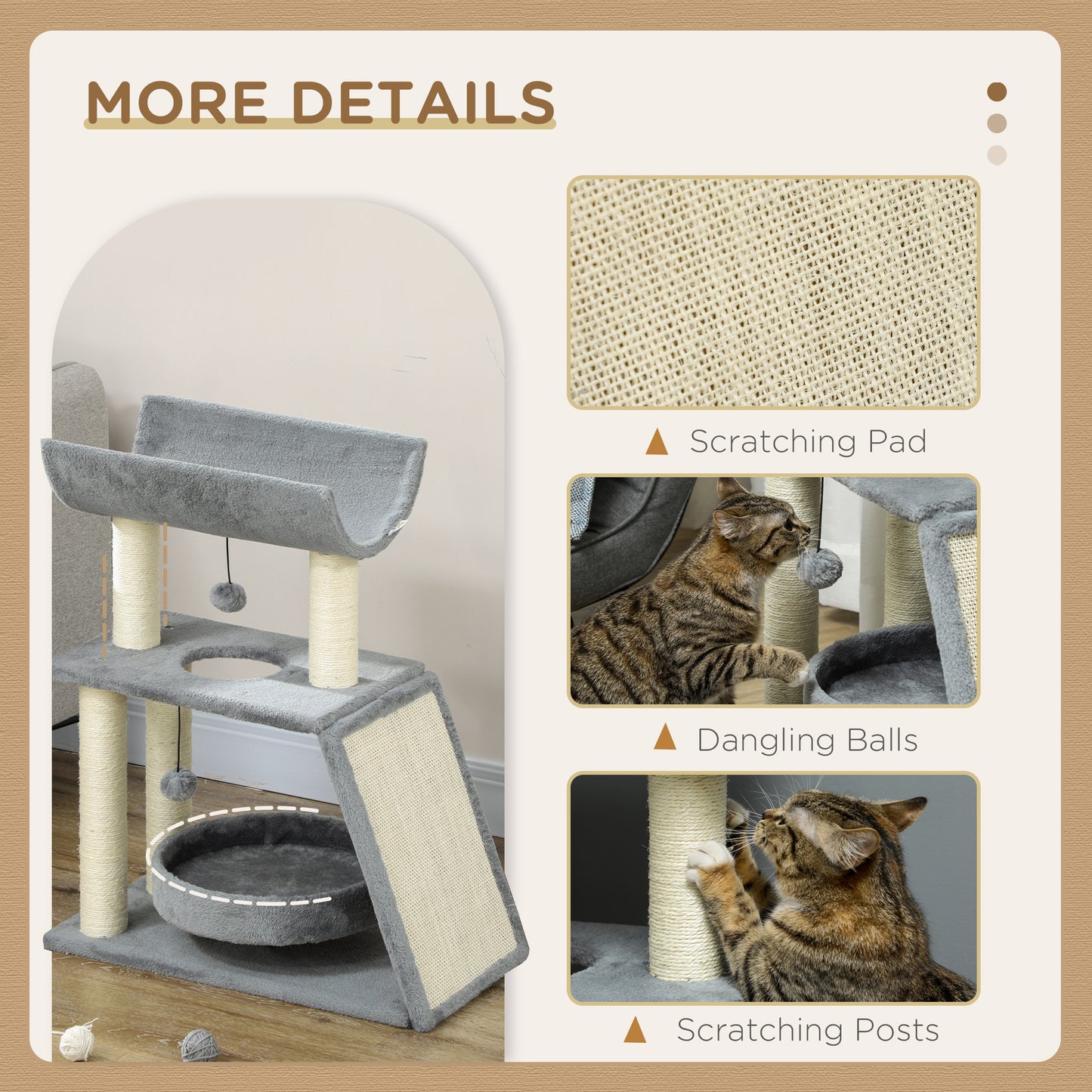Cat Tree for Indoor Cats with Scratching Posts Pad, Kitten Tower with Bed Perch Ball Toy, 60 x 30 x 76 cm, Light Grey