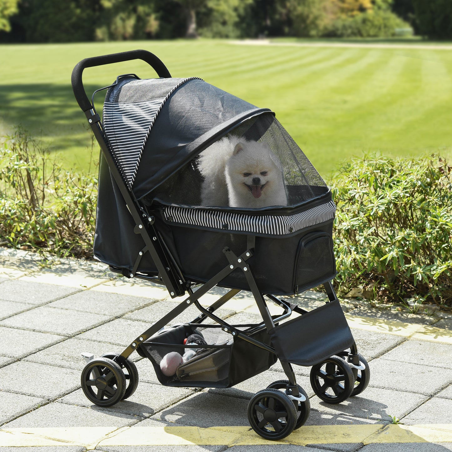 Pet Stroller Dog Cat Travel Pushchair Foldable Jogger with Reversible Handle EVA Wheel Brake Basket Adjustable Canopy Safety Leash for Small Dogs, Black