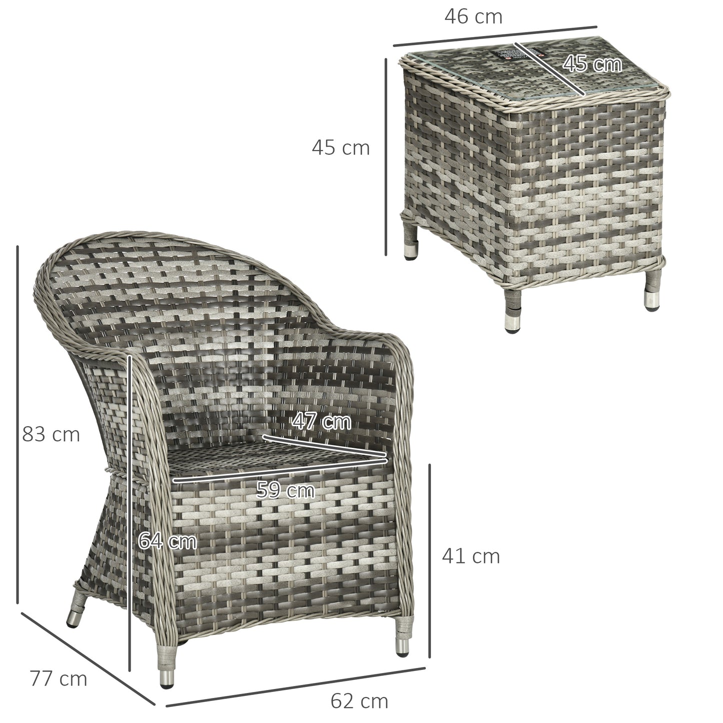 Outsunny 3 PCS Rattan Seating Set | 2 Armchairs & Table | Outdoor Patio Furniture, Bistro Set w/ Cushions Glass Tabletop