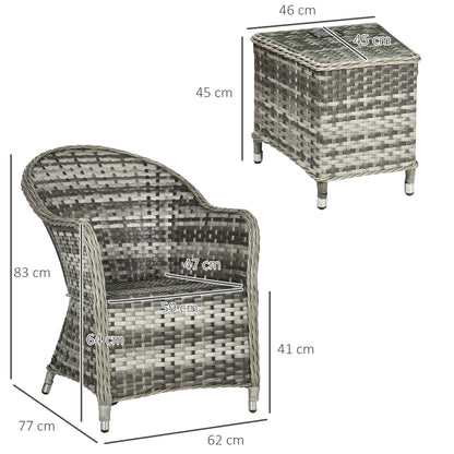 Outsunny 3 PCS Rattan Seating Set | 2 Armchairs & Table | Outdoor Patio Furniture, Bistro Set w/ Cushions Glass Tabletop