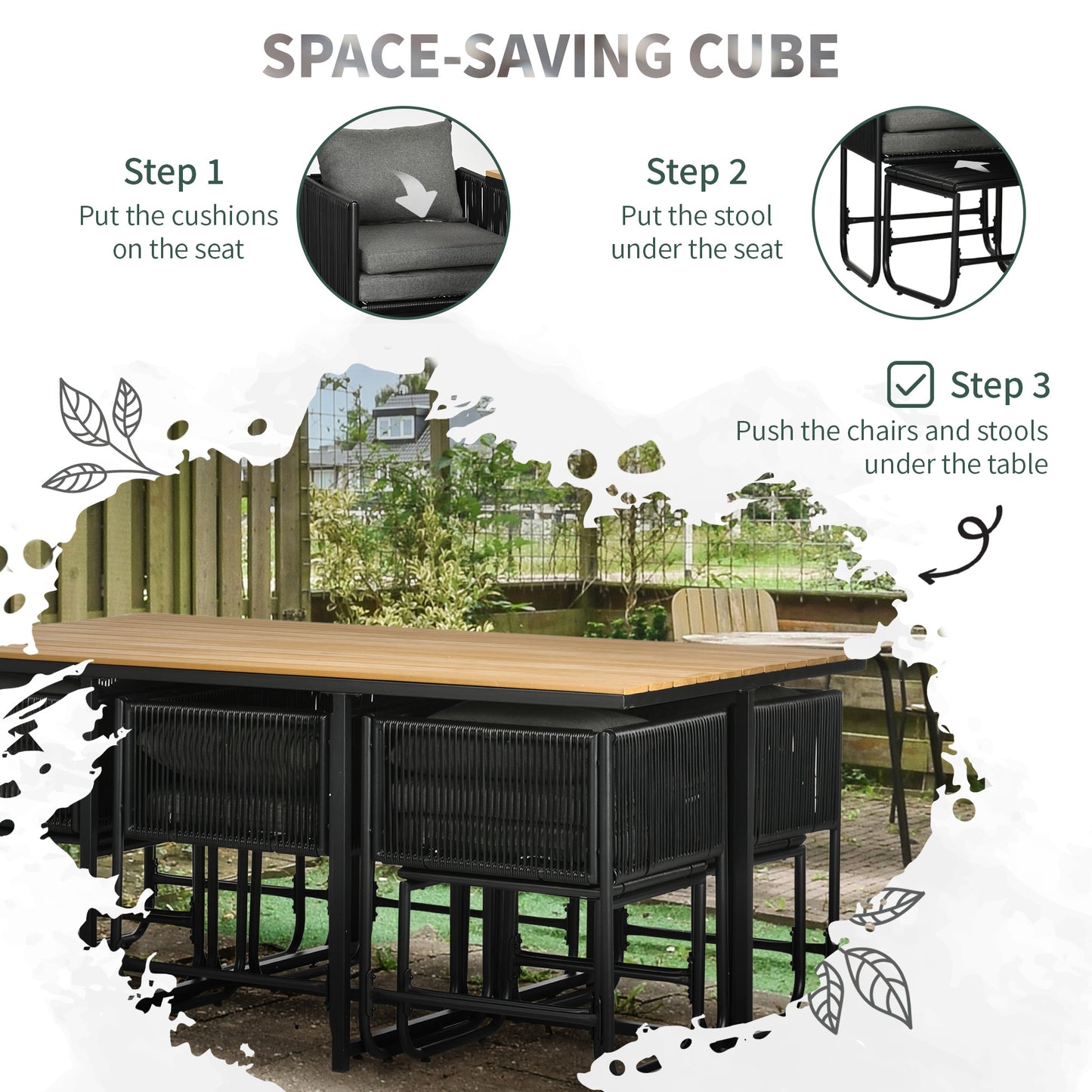Outsunny Patio 11 PCs PE Rattan Dining Set, Garden Round Wicker 10-seater Table & Chair Sets, with Wood Grain Plastic Top, Space-saving Design, for Indoor & Outdoor, Black