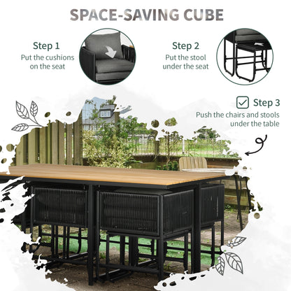 Outsunny Patio 11 PCs PE Rattan Dining Set, Garden Round Wicker 10-seater Table & Chair Sets, with Wood Grain Plastic Top, Space-saving Design, for Indoor & Outdoor, Black