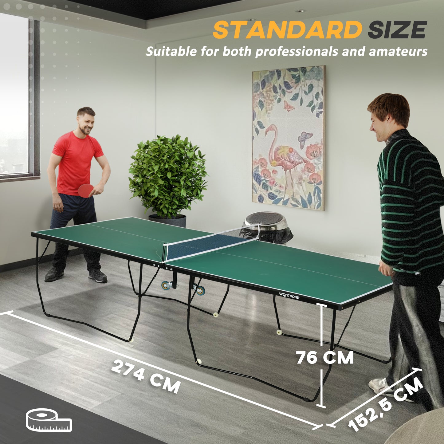 9FT Folding Tennis Table, with 8 Wheels, for Indoor Use, Green + Comes with a net, two paddles and three balls