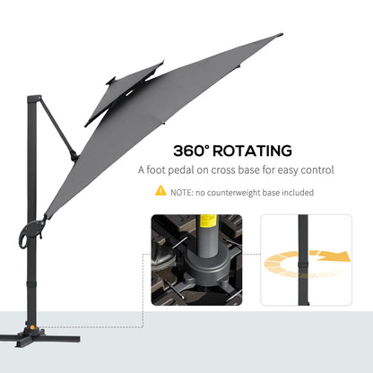 Outsunny 3 x 3(m) Cantilever Roma Parasol Garden Sun Umbrella, Two-tier 250g Polyester Sun Shade with LED Solar Light, Aluminum Frame, Cross Base 360√Ç¬¨√Ç¬®√¢¬Ä¬ö√É¬†√É¬ª Rotating for Backyard Gray