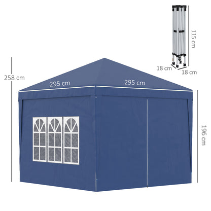 Outsunny 3 x 3 Meters Pop Up Water Resistant Gazebo Wedding Camping Party Tent Canopy Marquee with Carry Bag and 2 Windows, Blue